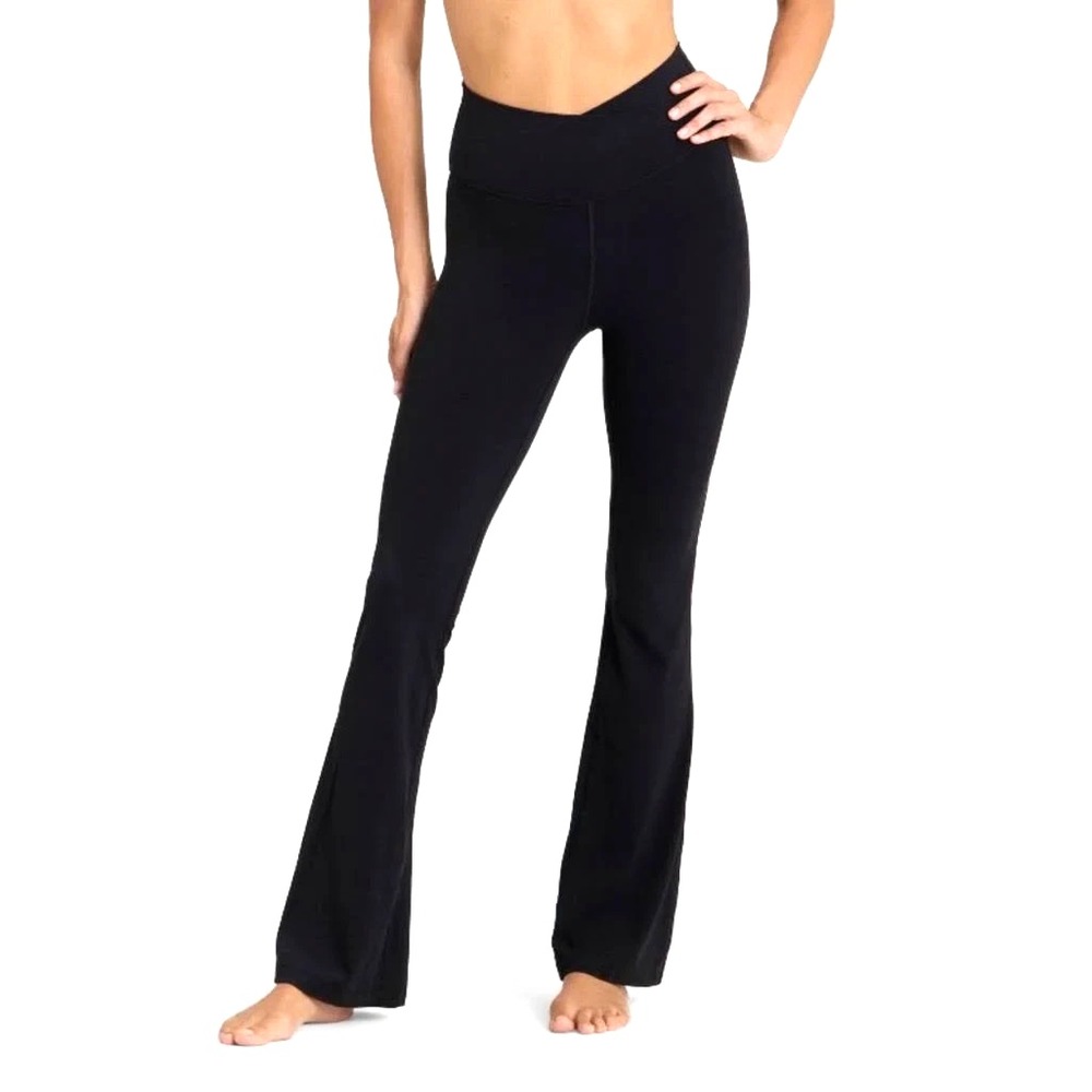 YOGALICIOUS Black RIBBED KNIT Mid-Rise CROSS FLARE Athletic YOGO LEGGINGS Sz XS